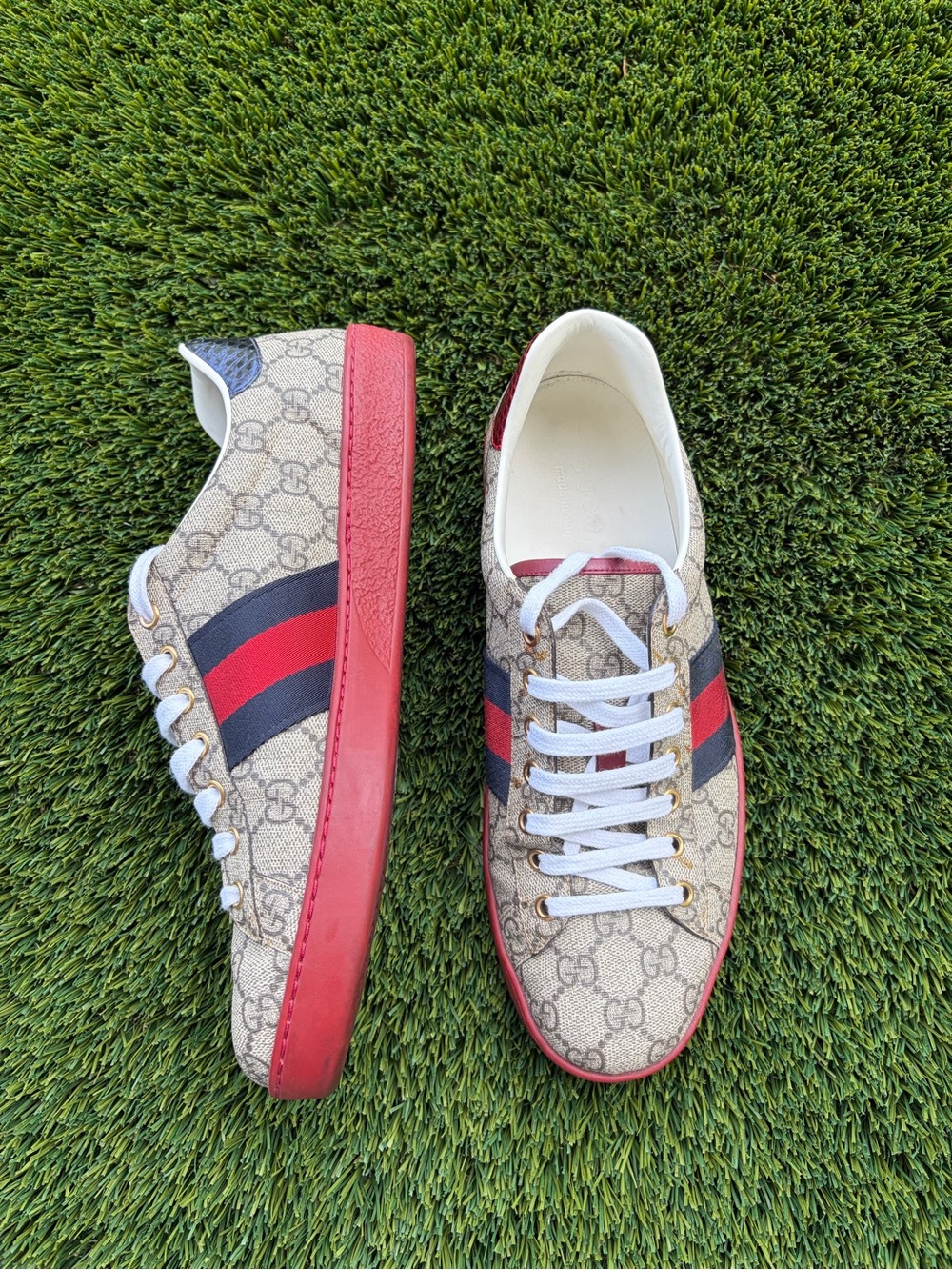 Gucci Beige GG Canvas Sneakers with Red & Navy Web Stripe